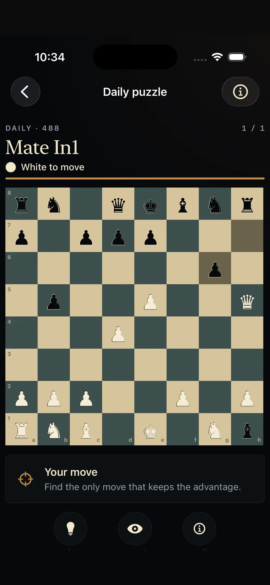 A mate-in-one chess puzzle with queen h5 to g6 available