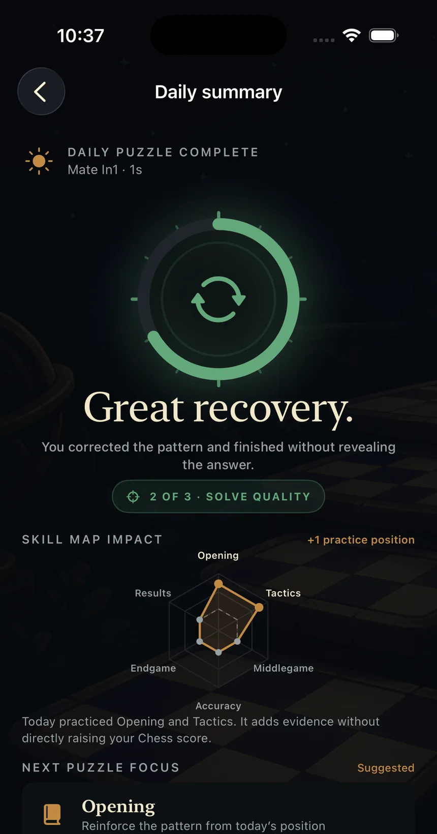 A Professor Orin progress summary with the next recommended practice