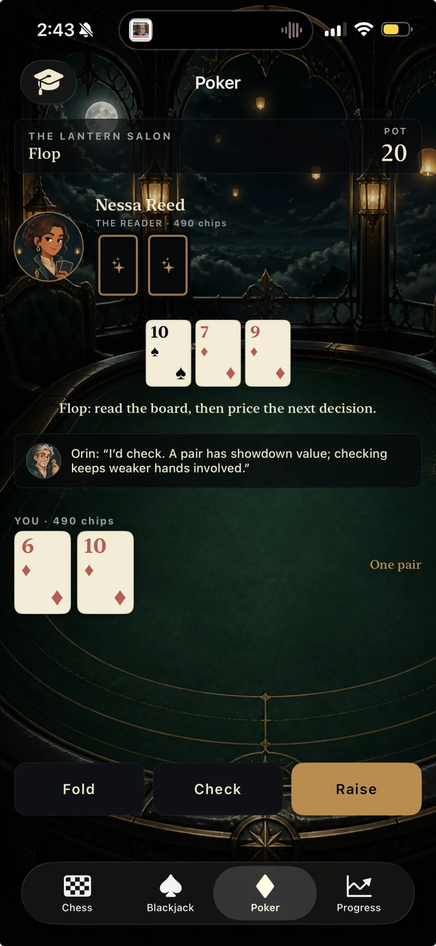 A Poker flop decision where checking a paired ten is recommended